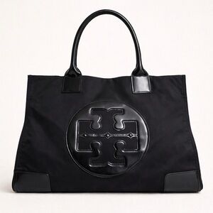 Tory Burch Large Ella Tote Black Nylon Patent Logo Shoulder Bag